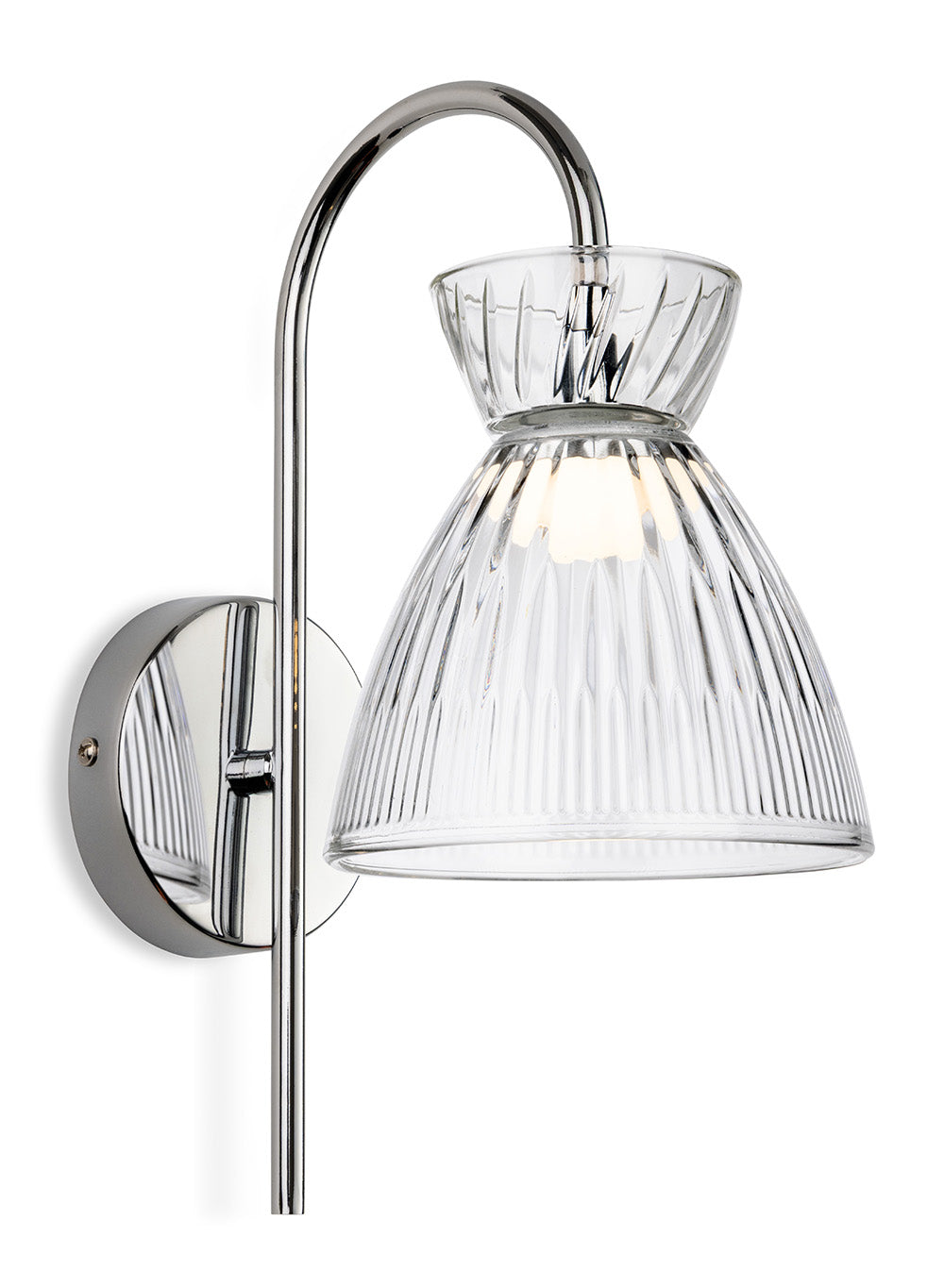 Chrome wall light with a clear fluted glass shade