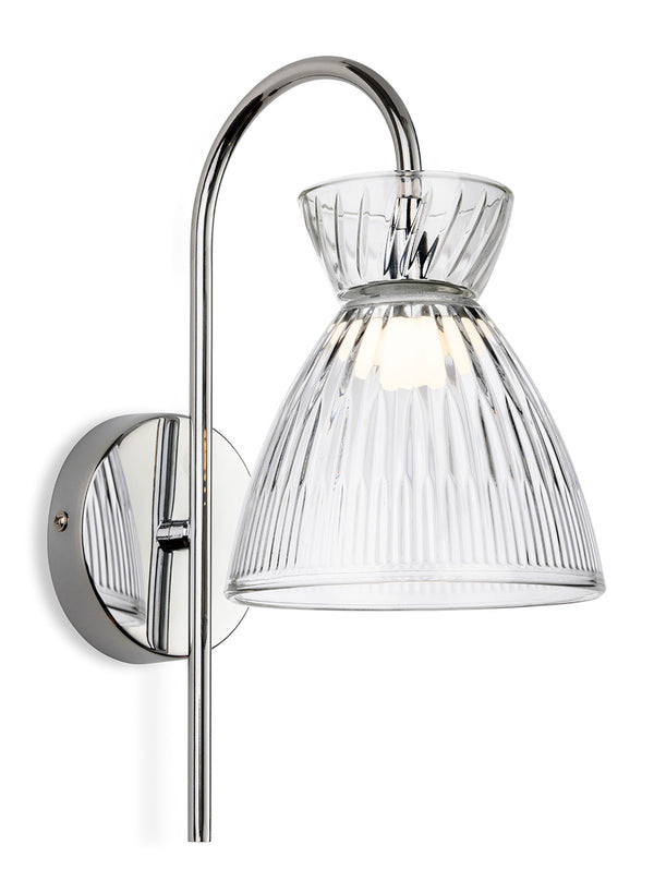 Chrome wall light with a clear fluted glass shade