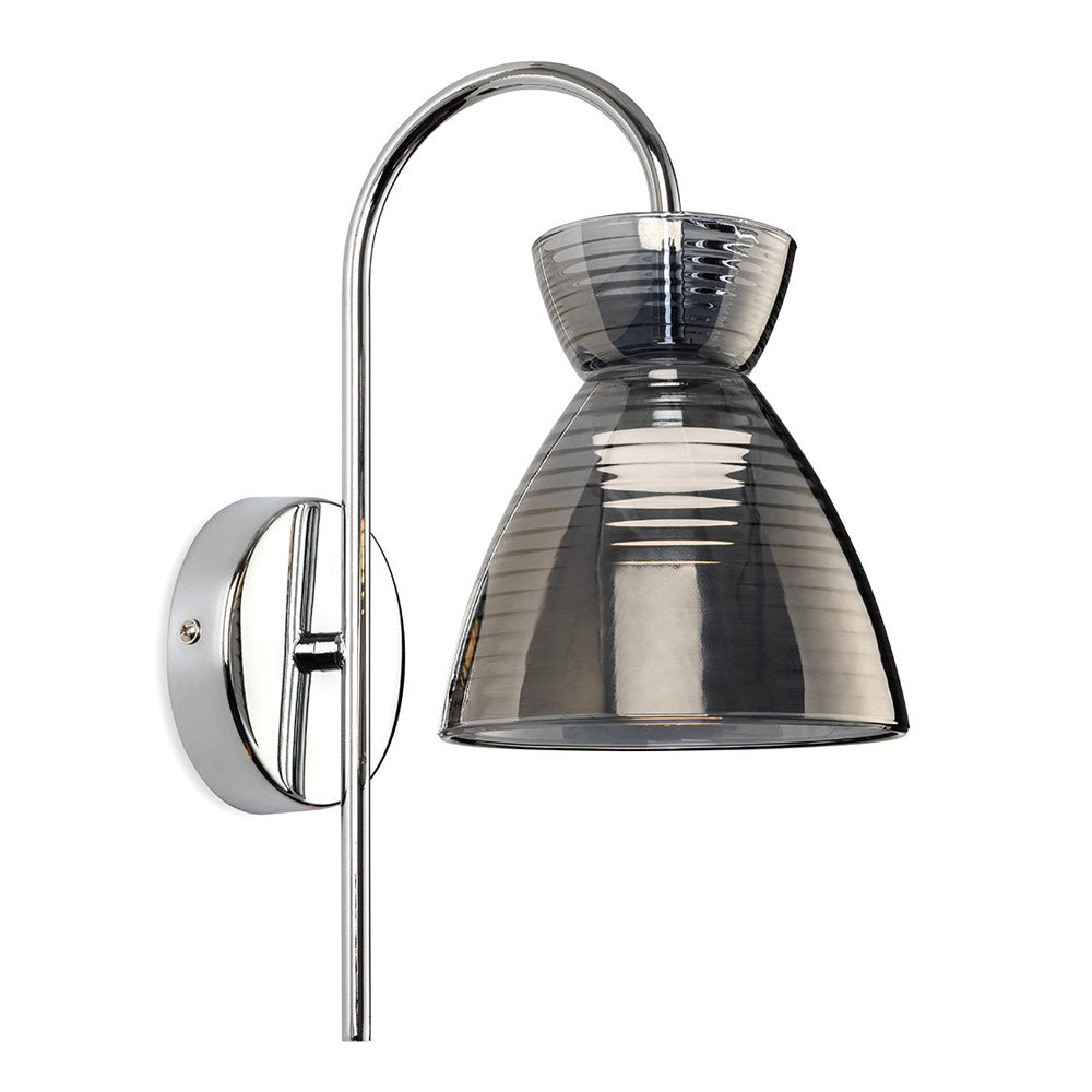 Chrome wall light with a curved arm and a ribbed, smoked glass shade