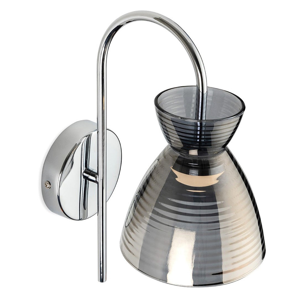 Chrome wall light with a curved arm and a grey glass shade with horizontal ridges