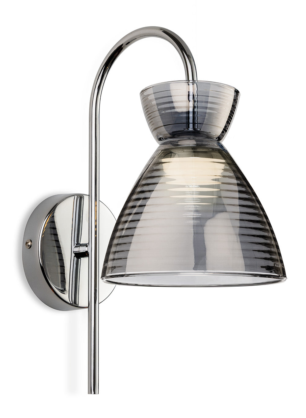 Chrome wall light with a curved arm and a grey ribbed glass shade