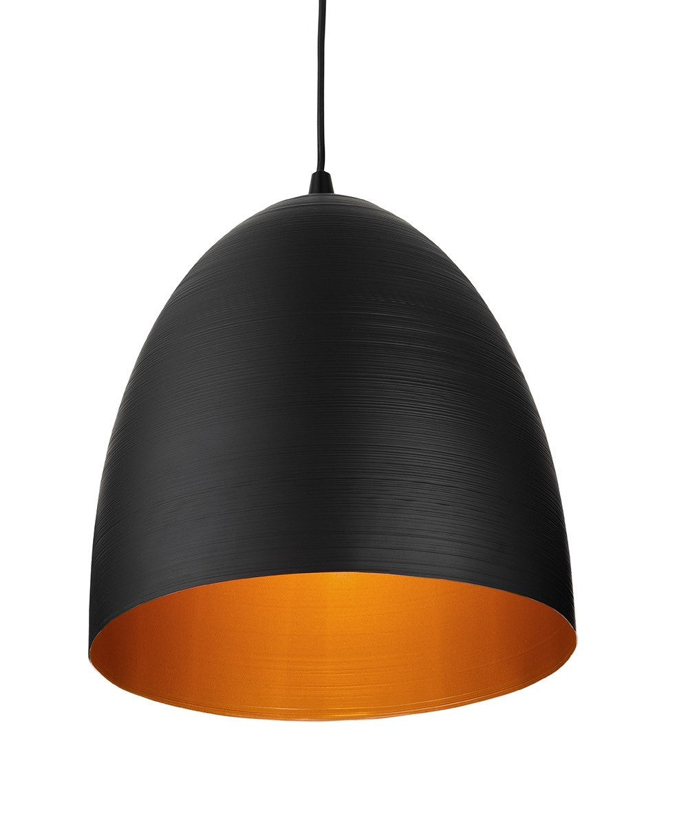 Black pendant light with a textured finish and a golden interior