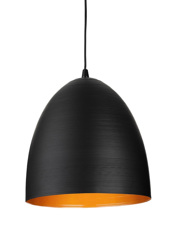 Black dome pendant light with a textured exterior and a bright orange interior