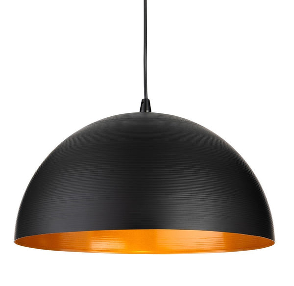 Black dome pendant light with a textured exterior and a bright orange interior