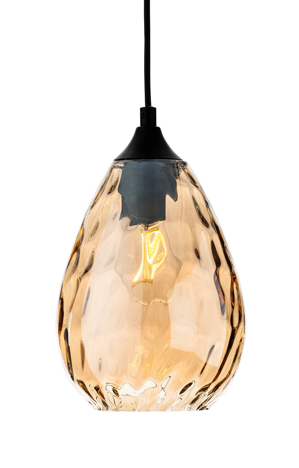 Amber glass pendant light with a textured surface and a visible filament bulb