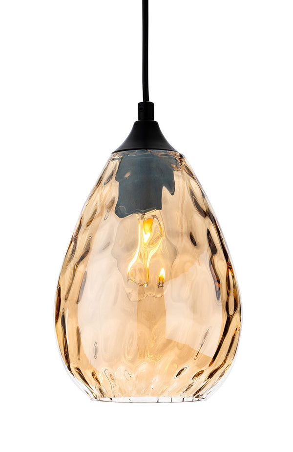 Amber glass pendant light with a textured surface and a visible bulb