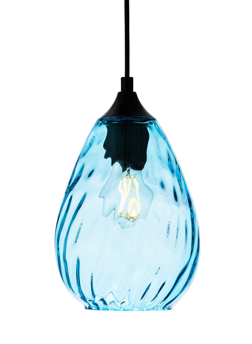Teardrop shaped light blue glass pendant light with a black top and cord