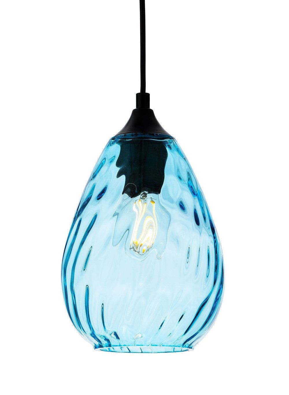 Light blue glass pendant light with a textured surface and a visible filament bulb