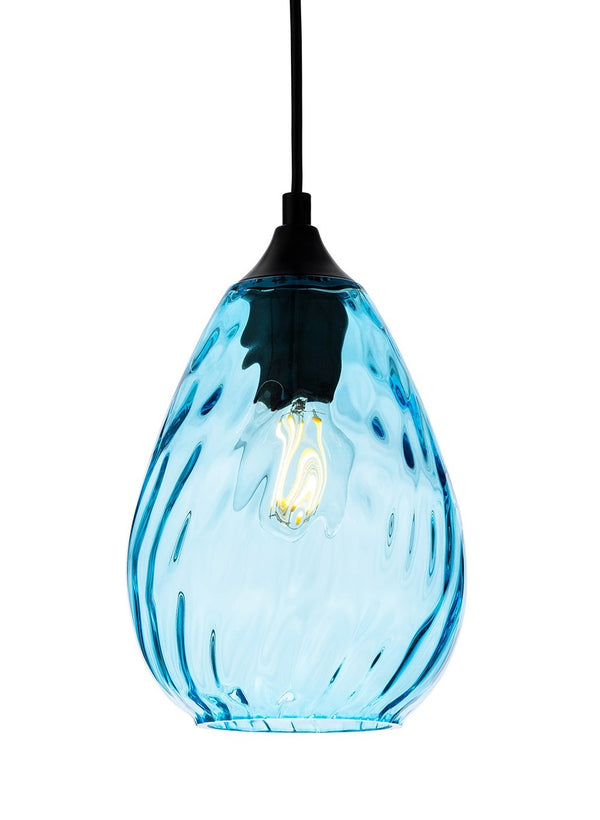 Light blue glass pendant light with a textured surface and a visible filament bulb