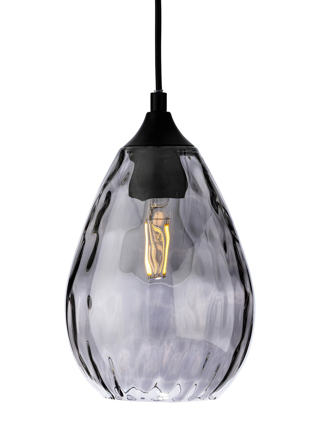 Smoked glass pendant light with a textured, organic shape and a visible filament bulb