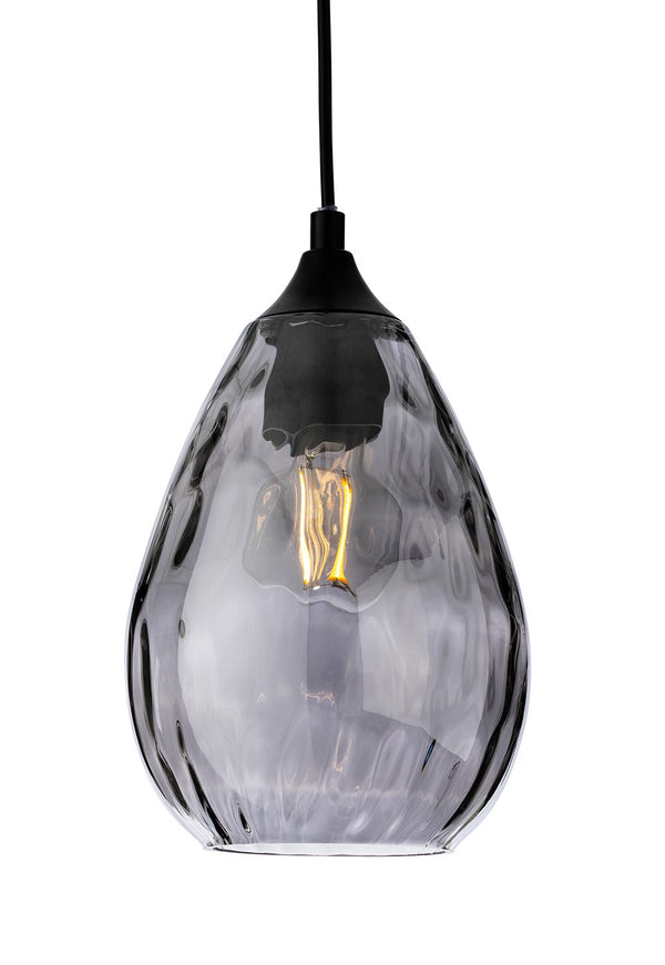 Smoked glass pendant light with a textured, organic shape and a visible filament bulb