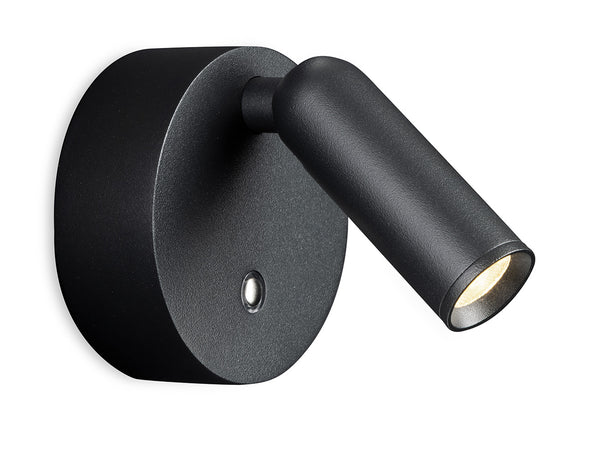 Black wall-mounted spotlight with a circular base and an adjustable cylindrical head