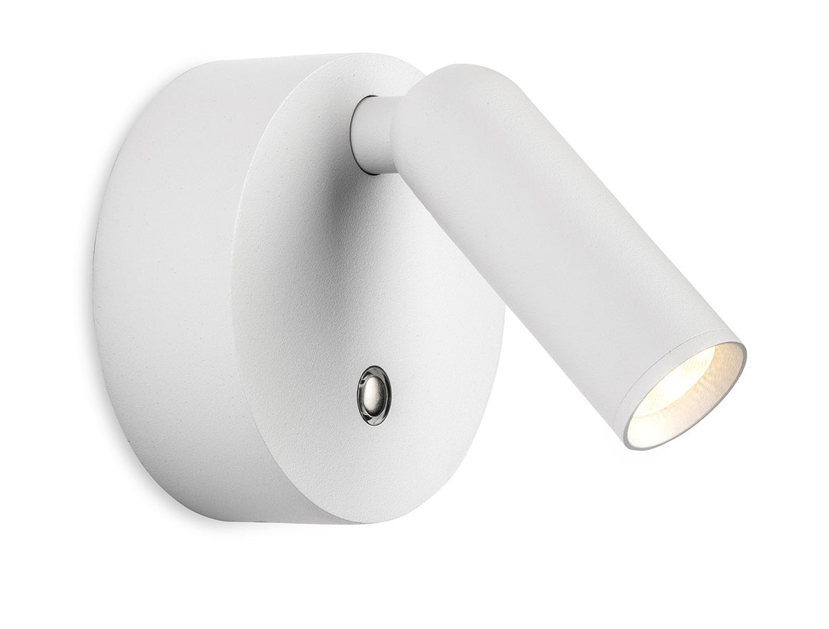 White wall-mounted spotlight with an adjustable head and a small button on the base