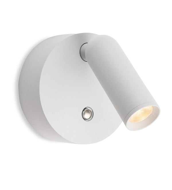 White wall-mounted spotlight with a circular base and an adjustable cylindrical head, emitting a warm light