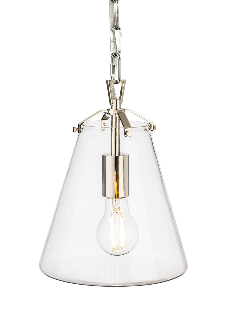Clear glass cone pendant light with a polished nickel chain and exposed bulb