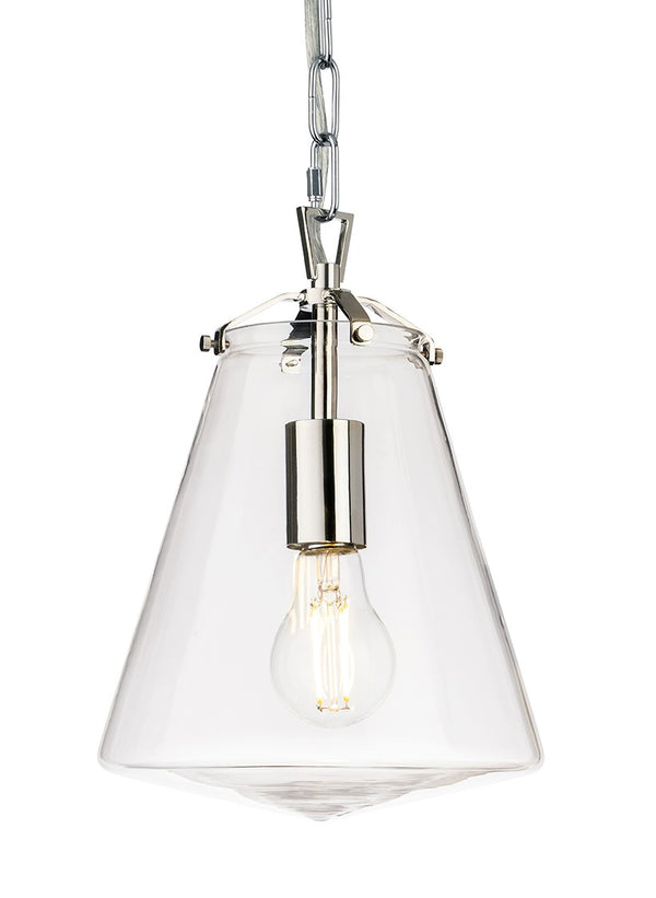 Clear glass pendant light with a polished nickel chain and hardware