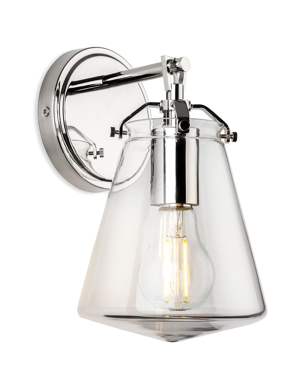Polished chrome wall sconce with clear glass shade and exposed filament bulb
