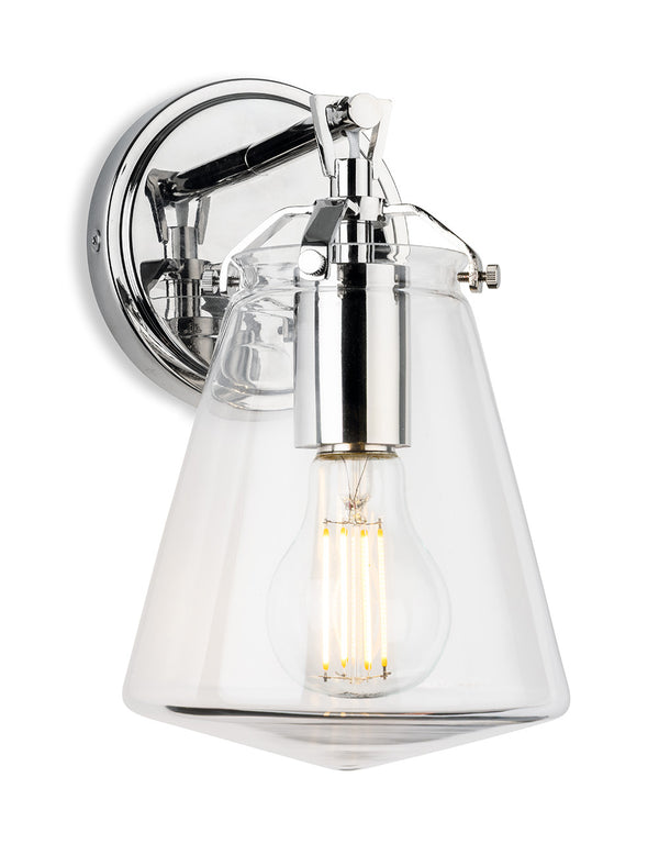 Chrome wall sconce with clear glass shade and exposed filament bulb