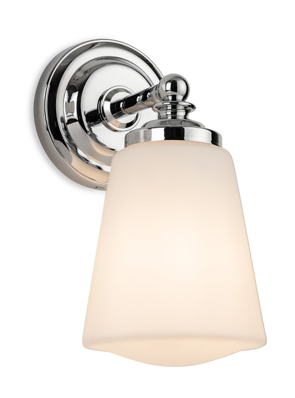 Chrome wall sconce with a frosted glass shade