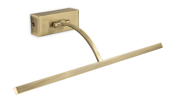 Antique brass picture light with a rectangular base and a long, thin horizontal light bar