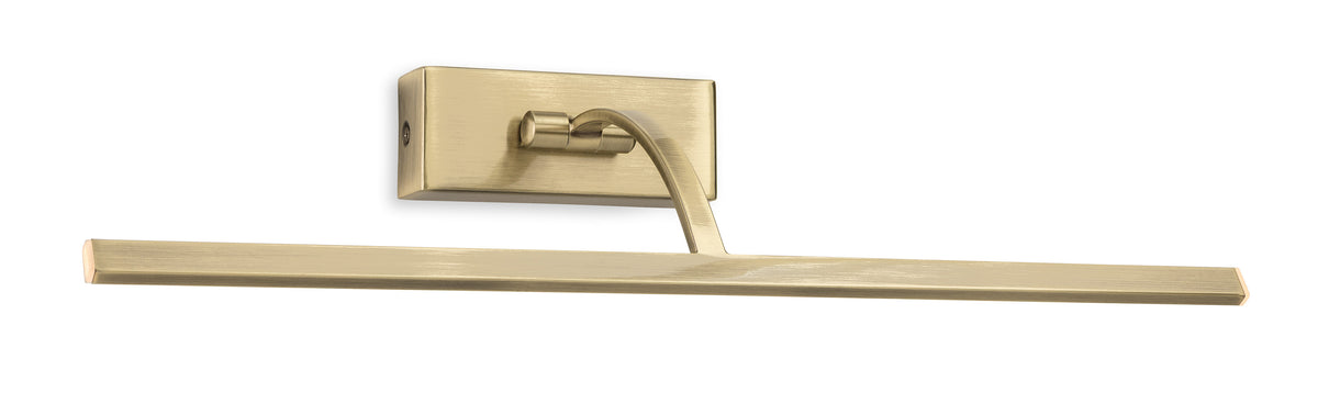 Brushed brass picture light with a rectangular base and a long, thin light bar