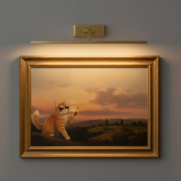 Painting of an orange cat wearing sunglasses, swatting at a bee, with a sunset landscape background