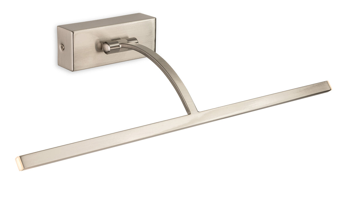 Brushed nickel picture light with a rectangular base and a long, thin light bar