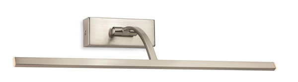 Brushed nickel picture light with a rectangular base and a long, thin light bar