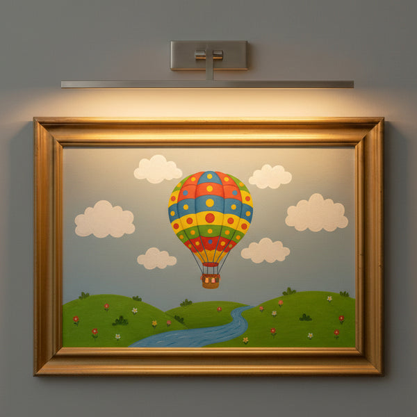 Painting of a colorful hot air balloon over green hills with a river and clouds