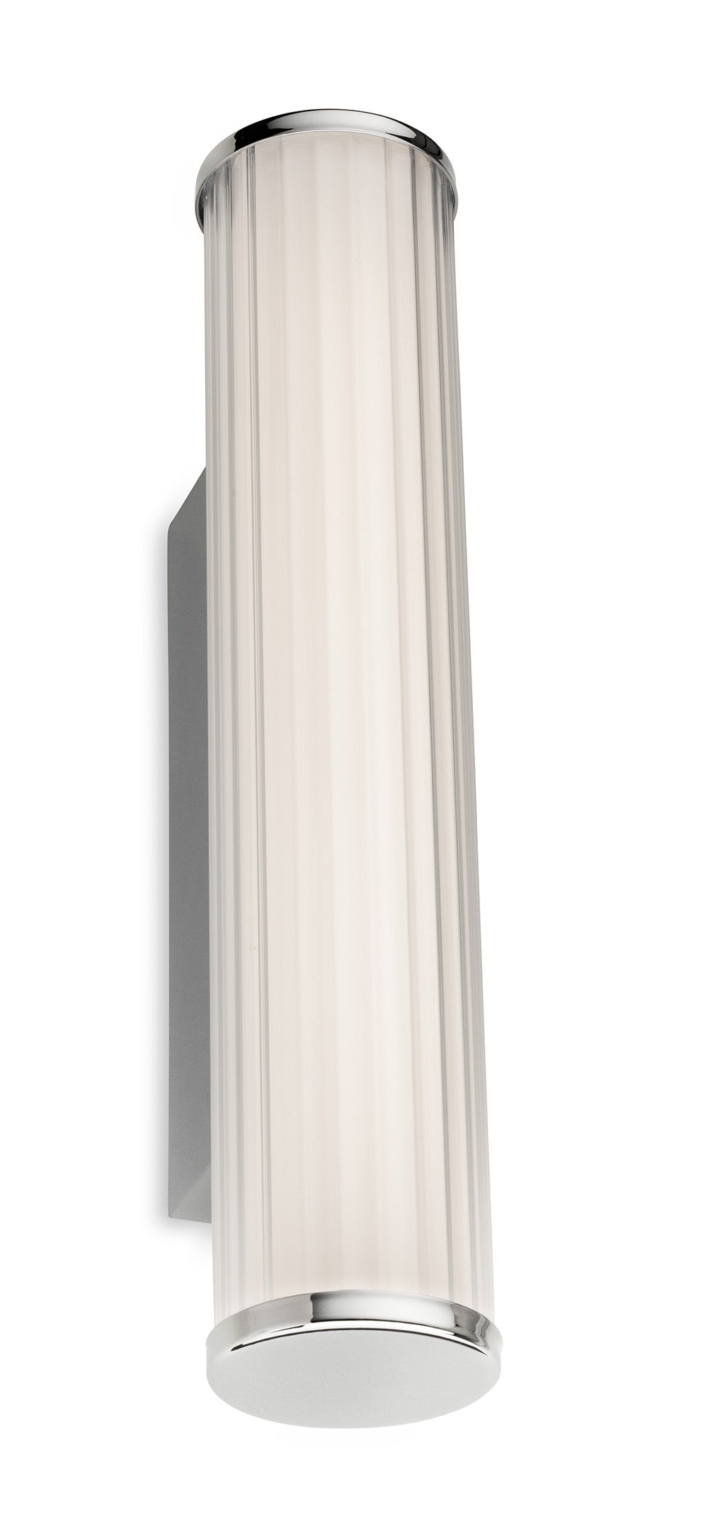 Chrome wall sconce with a ribbed glass shade