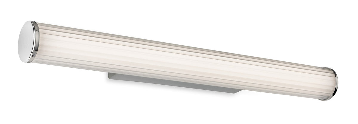 Cylindrical wall light with a ribbed glass shade and polished chrome end caps