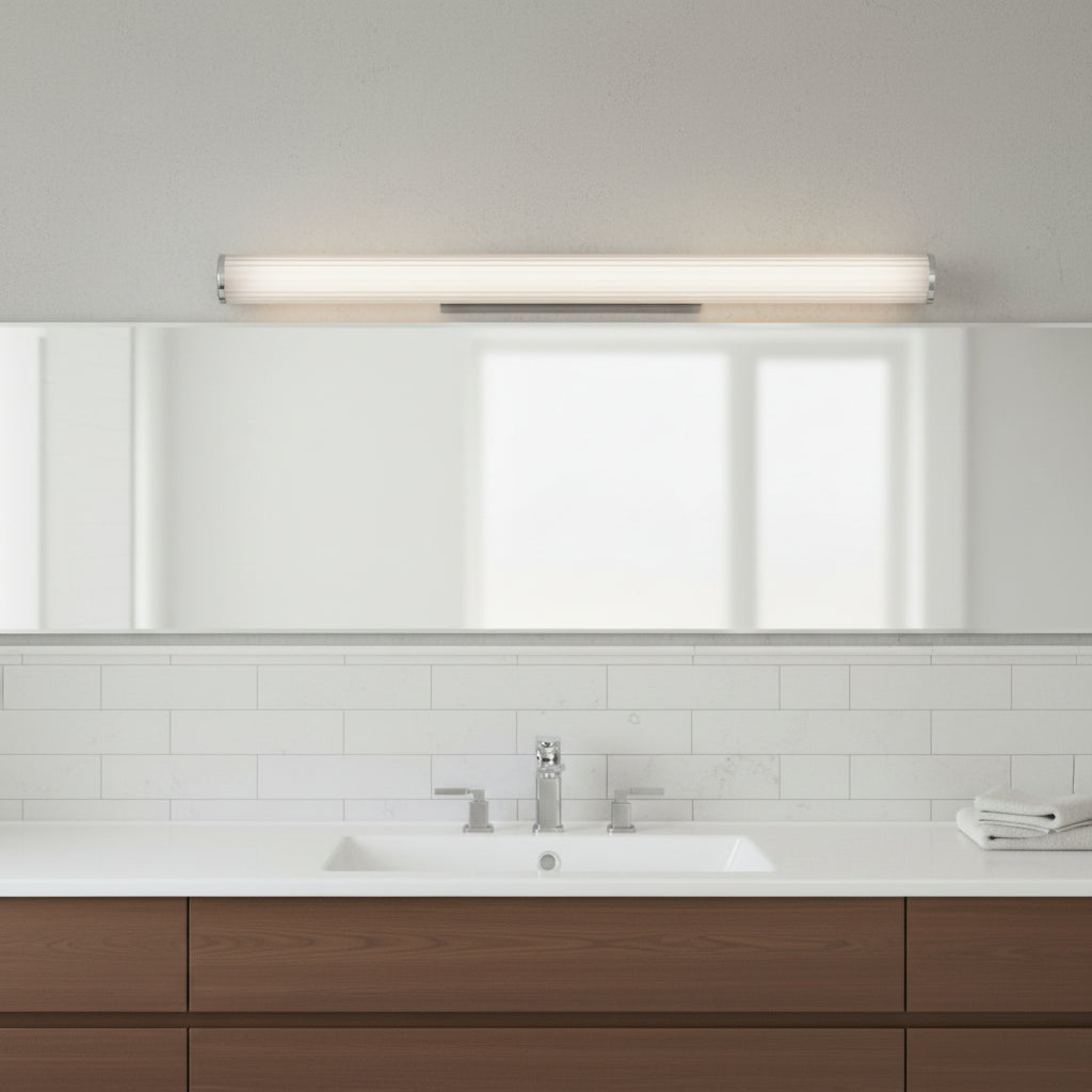 Bathroom vanity with a white countertop, wood cabinets, a mirror, and a light fixture