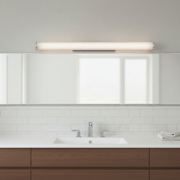 Bathroom vanity with a white countertop, wood cabinets, a mirror, and a light fixture