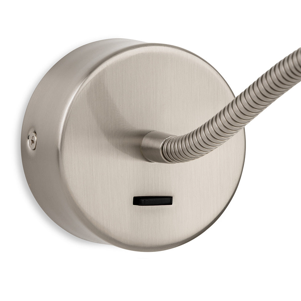Brushed nickel wall-mounted light fixture with a flexible arm and a black USB port