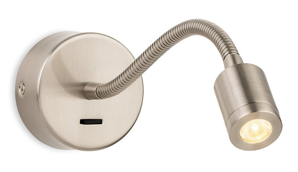 Brushed nickel wall-mounted reading light with a flexible arm and a glowing LED bulb