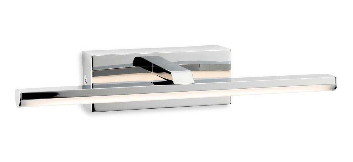 Chrome wall-mounted LED light fixture with a rectangular base and a horizontal light bar