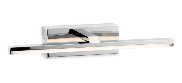 Chrome wall-mounted LED light fixture with a rectangular base and a horizontal light bar