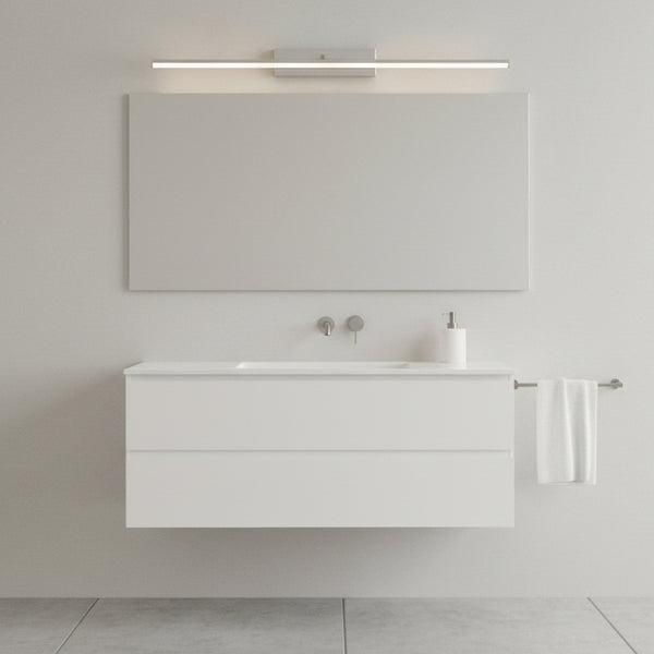 White floating vanity with two drawers, a rectangular mirror, and a horizontal light fixture above
