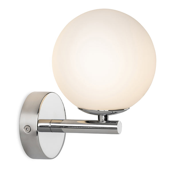 Chrome wall light with a round, white glass shade