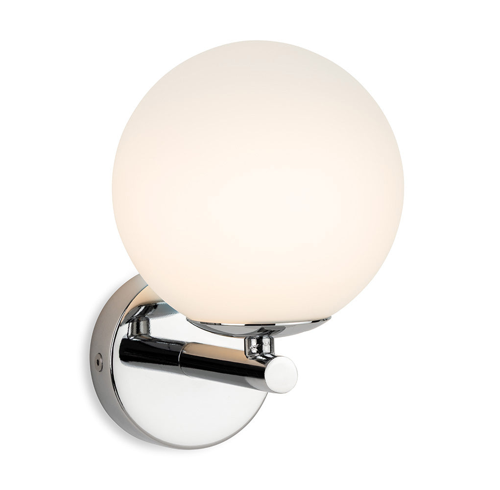 Round white glass globe wall light with chrome base