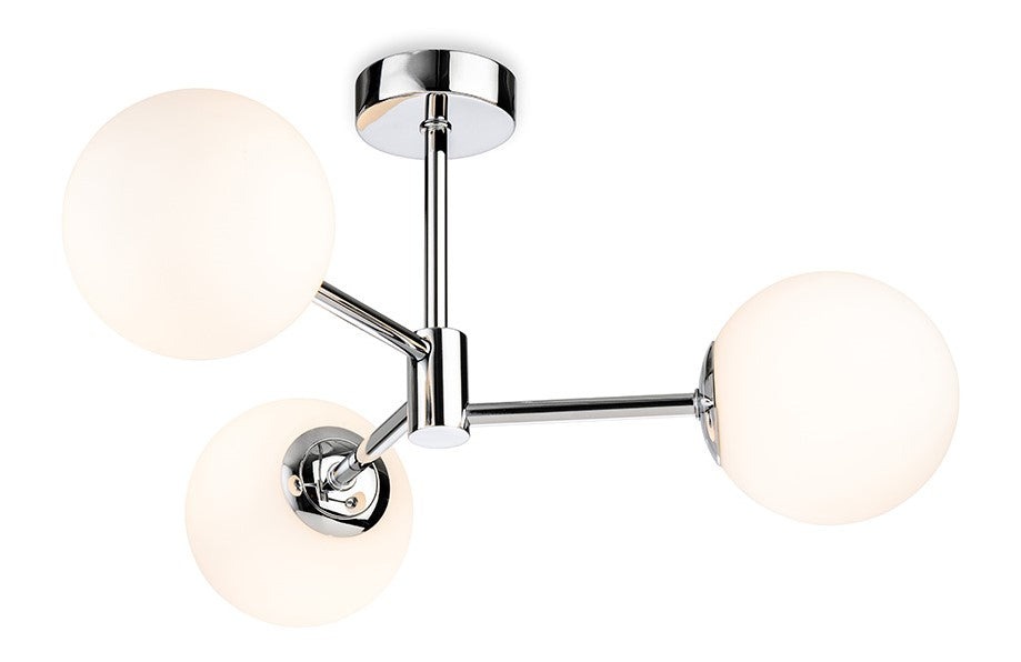Chrome ceiling light with three spherical white glass shades