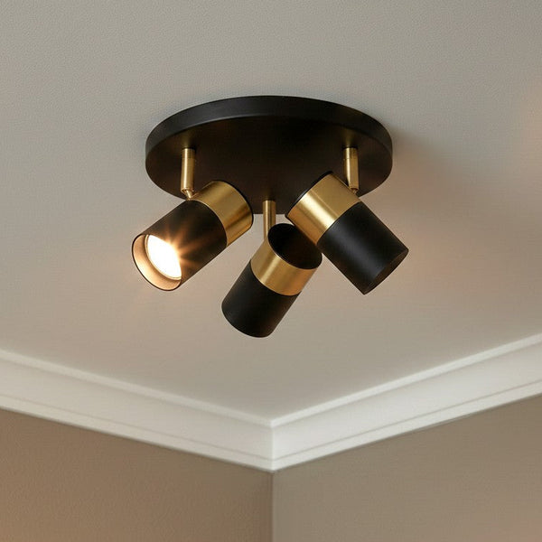 Black and gold three-bulb ceiling light fixture