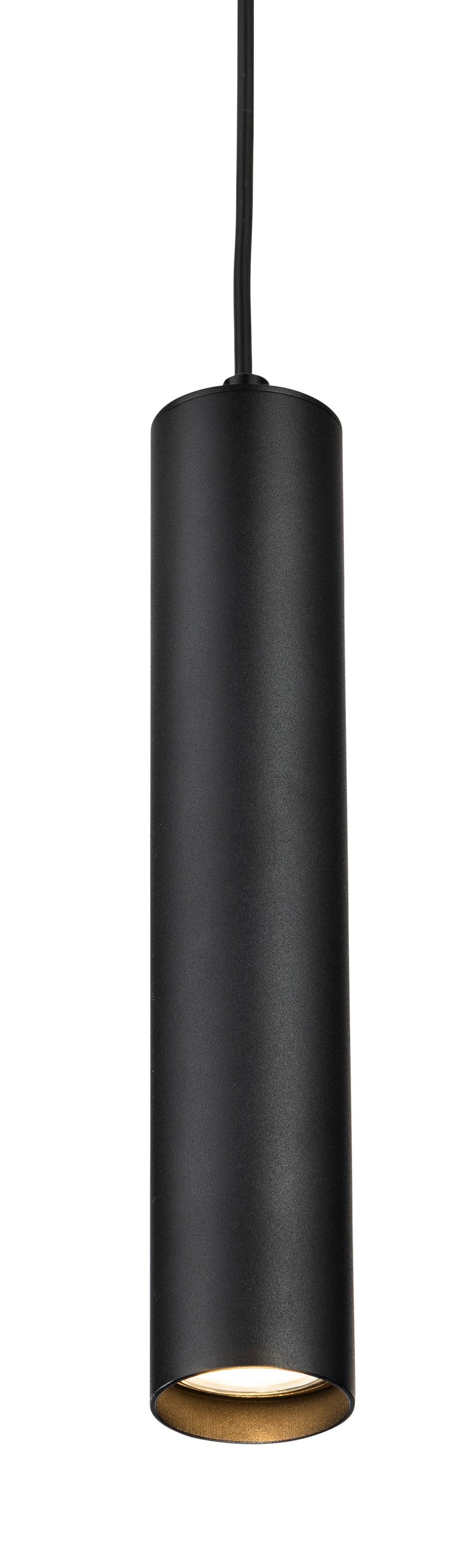 Black cylindrical pendant light with a warm glow from the bottom