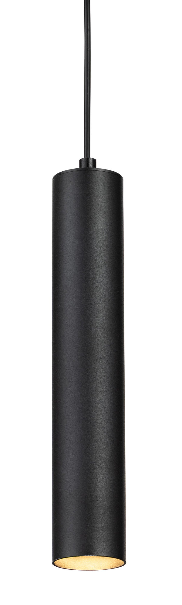 Black cylindrical pendant light with a warm glow from the bottom