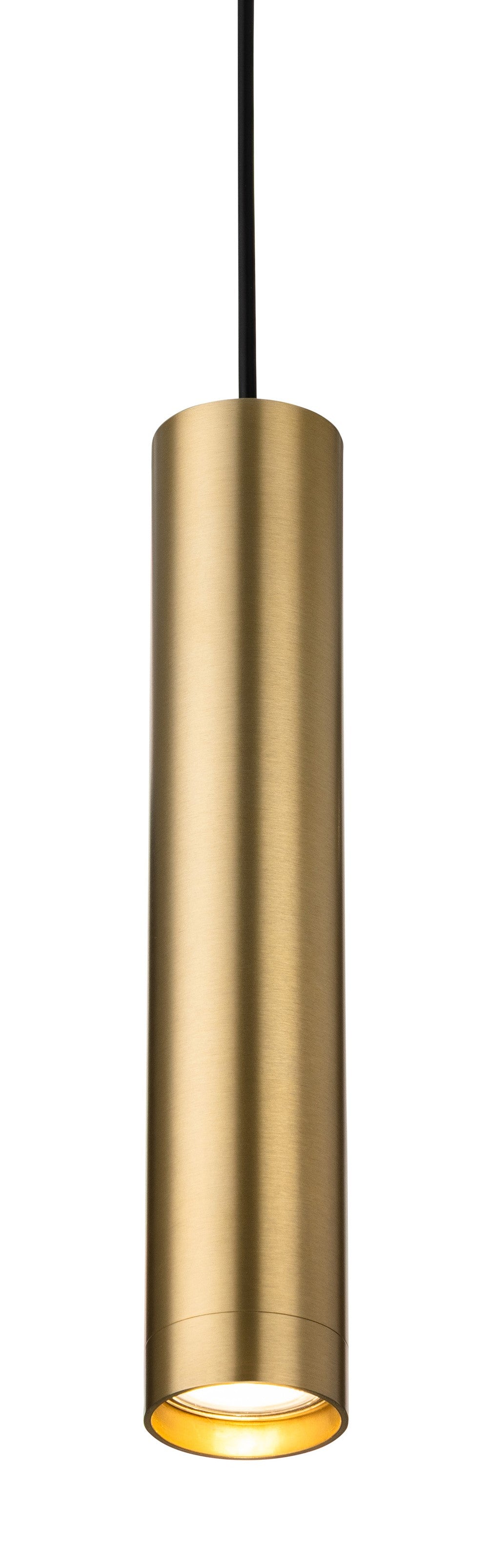 Cylindrical brass pendant light with a black cord