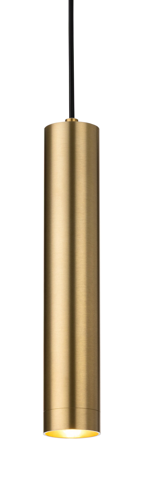 Brushed brass cylindrical pendant light with a black cord