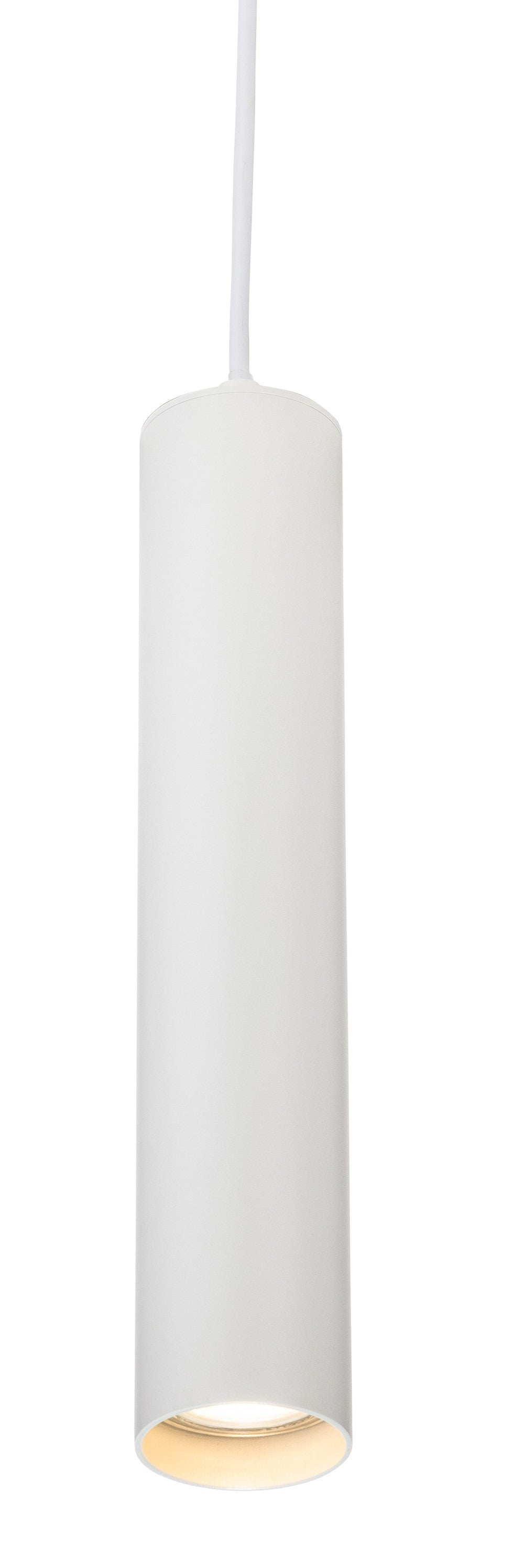 White cylindrical pendant light with warm glow