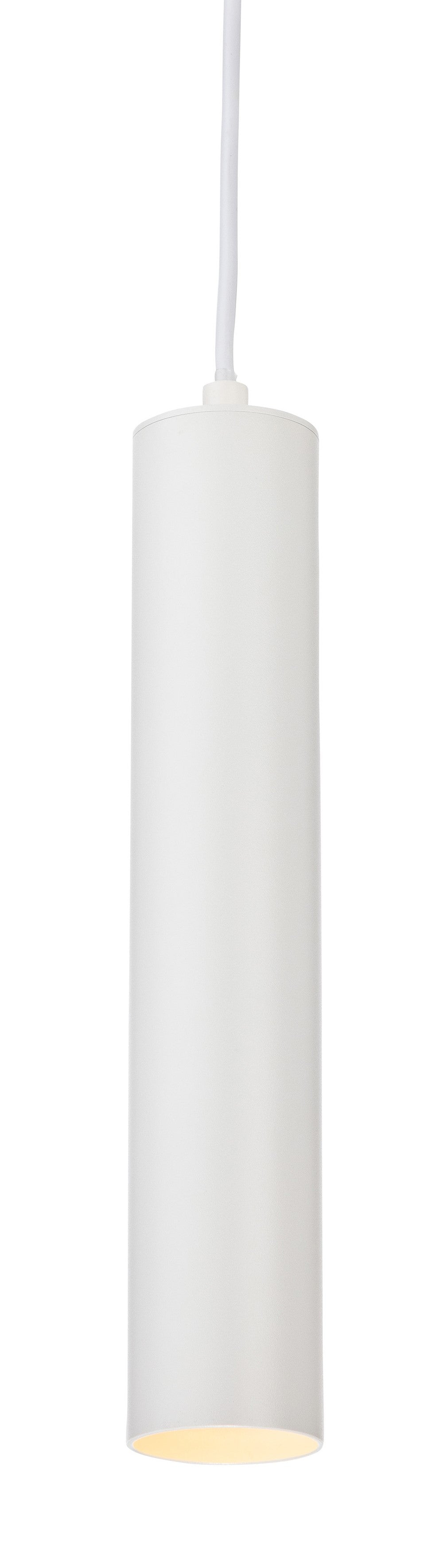 White cylindrical pendant light with a warm glow from the bottom