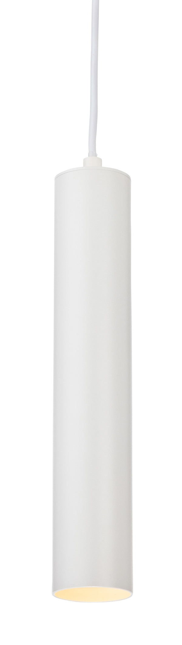 White cylindrical pendant light with a warm glow from the bottom