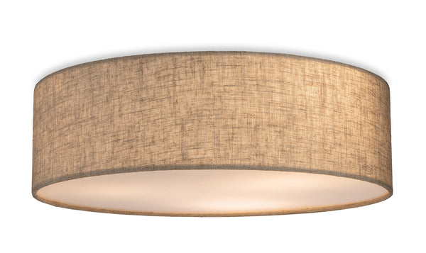 Round ceiling light with a textured beige fabric shade and a white diffuser